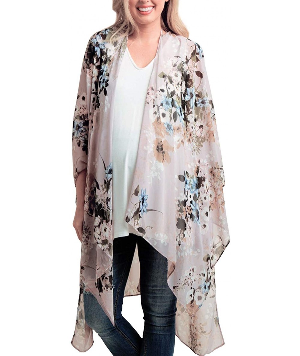 Cover-Ups Women's Summer Long Flowy Kimono Cardigans Boho Chiffon Floral Beach Cover Up Tops - A2-gra-tan Color - CV18LARXHI2...