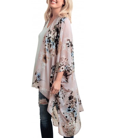 Cover-Ups Women's Summer Long Flowy Kimono Cardigans Boho Chiffon Floral Beach Cover Up Tops - A2-gra-tan Color - CV18LARXHI2...