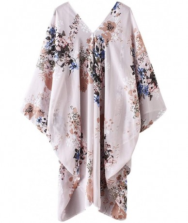 Cover-Ups Women's Summer Long Flowy Kimono Cardigans Boho Chiffon Floral Beach Cover Up Tops - A2-gra-tan Color - CV18LARXHI2...