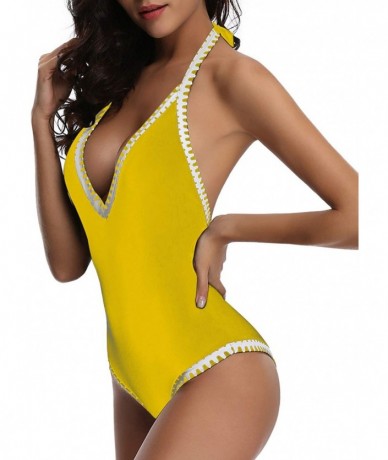 One-Pieces Women One Piece Vintage Deep V Neck Halter Backless Monokini Swimsuits - Yellow - CH18SXKH697 $19.76