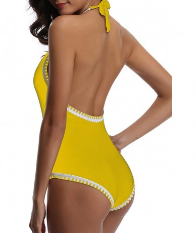 One-Pieces Women One Piece Vintage Deep V Neck Halter Backless Monokini Swimsuits - Yellow - CH18SXKH697 $19.76