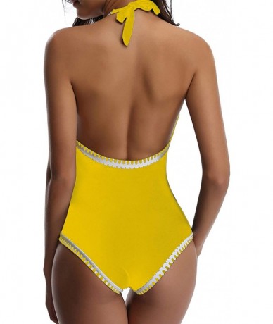 One-Pieces Women One Piece Vintage Deep V Neck Halter Backless Monokini Swimsuits - Yellow - CH18SXKH697 $19.76