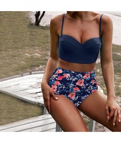 Tankinis Women Vintage Two Piece Swimsuits High Waisted Bathing Suits with Underwired Top - Dark Blue - CV193TXINSL $28.76