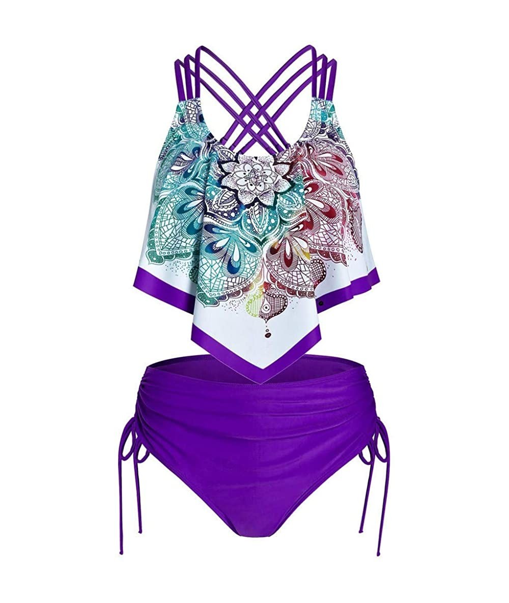 Sets 2 Pieces Swimsuits for Women High Waisted Bohemia Print Push Up Padded Overlay Flounce Tankini Swimwear Purple a - C2199...