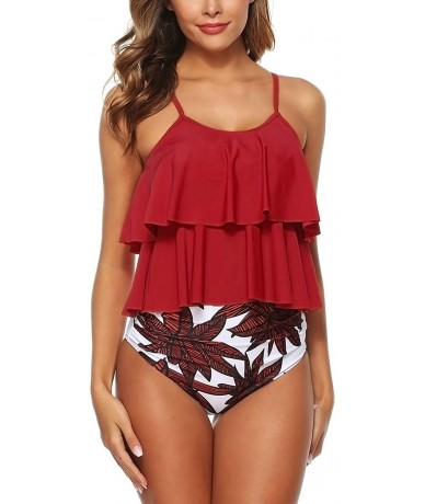 Sets Women's High Waisted Bikini Flounce Crop Top Swimsuits Two Piece Bathing Suits - Red Leaf-2 - CU190R36CA8 $44.92