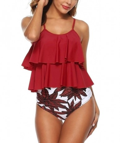 Sets Women's High Waisted Bikini Flounce Crop Top Swimsuits Two Piece Bathing Suits - Red Leaf-2 - CU190R36CA8 $44.92