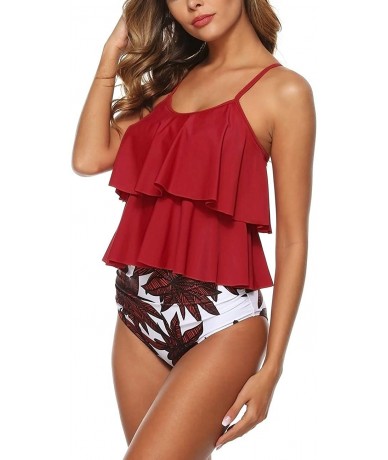 Sets Women's High Waisted Bikini Flounce Crop Top Swimsuits Two Piece Bathing Suits - Red Leaf-2 - CU190R36CA8 $44.92