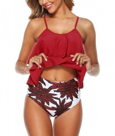 Sets Women's High Waisted Bikini Flounce Crop Top Swimsuits Two Piece Bathing Suits - Red Leaf-2 - CU190R36CA8 $44.92