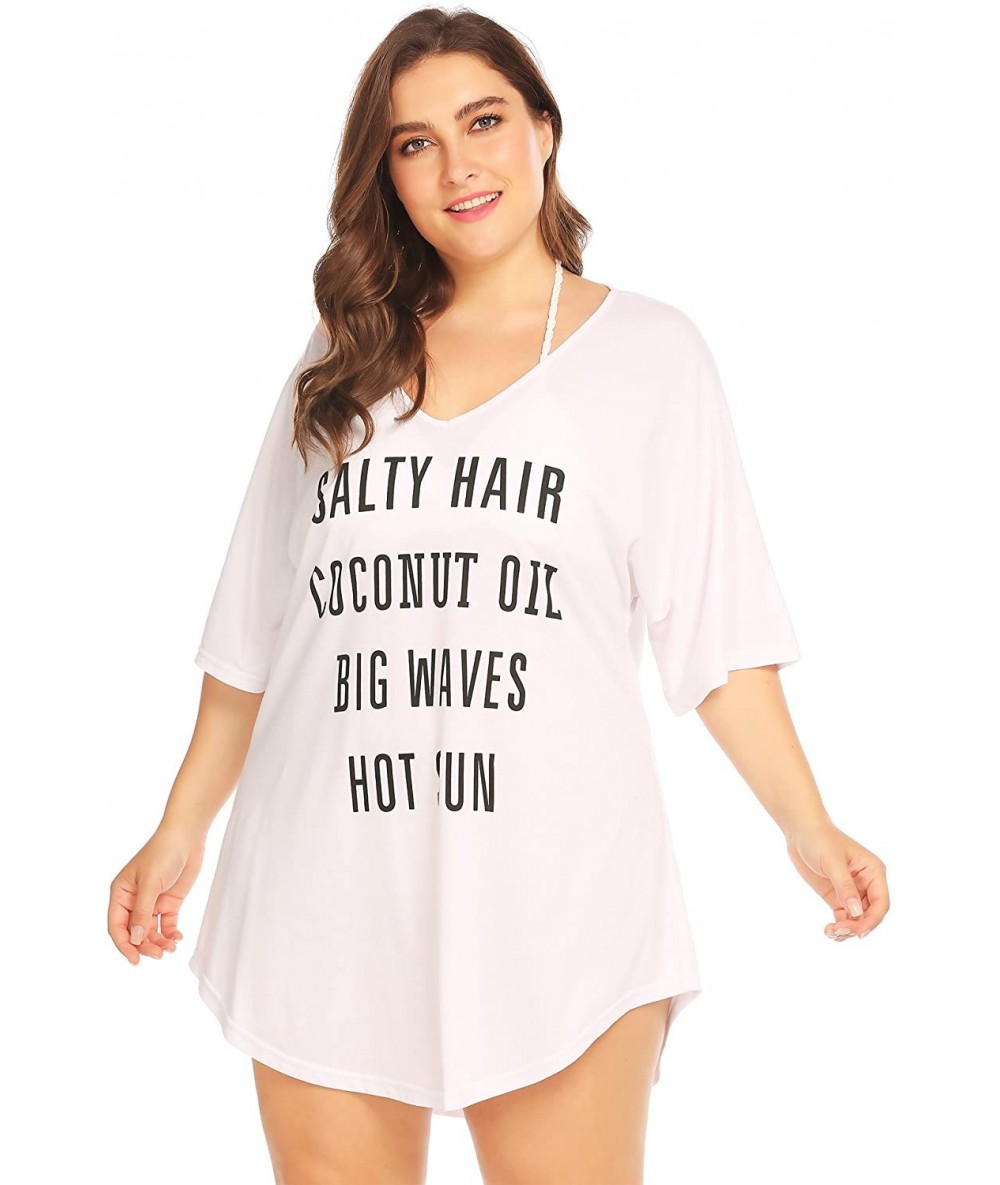 Cover-Ups Women Plus Size Swimwear Baggy T-Shirts V Neck Letters Print Swimwear Bikini Beach Cover up - Beige White - CS18DN2...