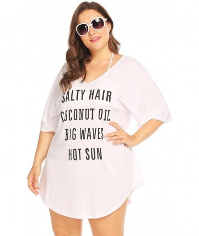 Cover-Ups Women Plus Size Swimwear Baggy T-Shirts V Neck Letters Print Swimwear Bikini Beach Cover up - Beige White - CS18DN2...