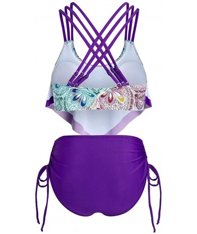 Sets 2 Pieces Swimsuits for Women High Waisted Bohemia Print Push Up Padded Overlay Flounce Tankini Swimwear Purple a - C2199...