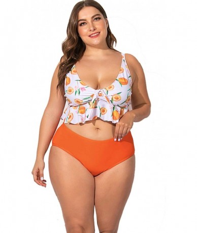 Sets Plus Size Swimwear Two Pieces Swimsuit Flounce Top with High Waist Bikini - Orange - CS194YDXU0S $58.40