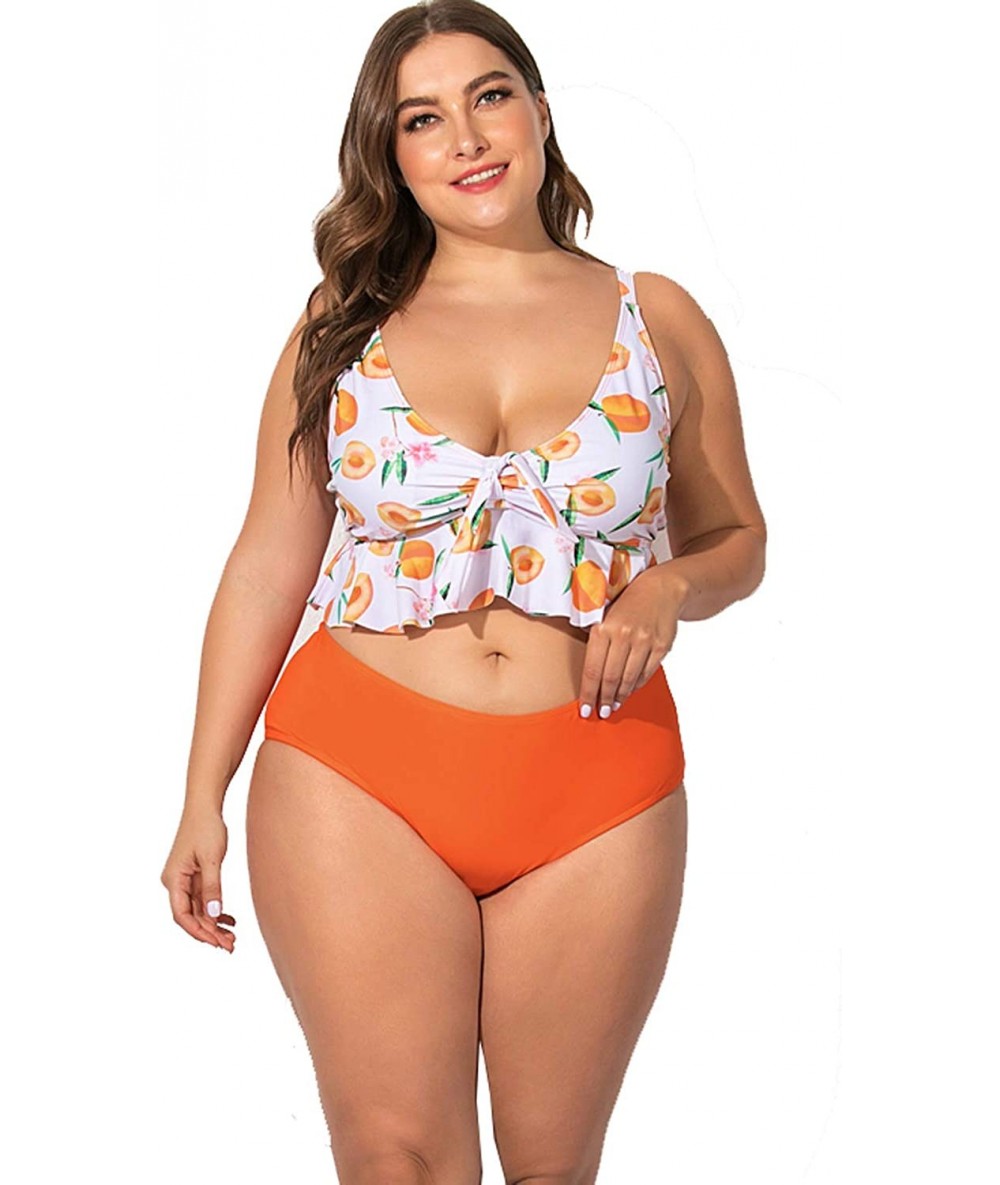 Sets Plus Size Swimwear Two Pieces Swimsuit Flounce Top with High Waist Bikini - Orange - CS194YDXU0S $58.40