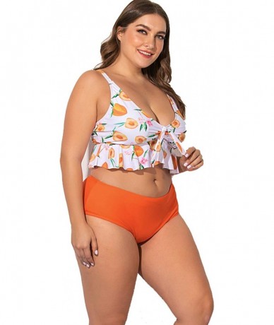 Sets Plus Size Swimwear Two Pieces Swimsuit Flounce Top with High Waist Bikini - Orange - CS194YDXU0S $58.40