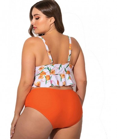 Sets Plus Size Swimwear Two Pieces Swimsuit Flounce Top with High Waist Bikini - Orange - CS194YDXU0S $58.40