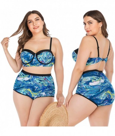 Sets Women Plus Size Swimsuits High Waist Strappy Floral Swimwear Push up Halter Neck Bikini Set mesh Two Piece Tummy Control...