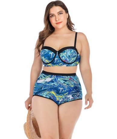 Sets Women Plus Size Swimsuits High Waist Strappy Floral Swimwear Push up Halter Neck Bikini Set mesh Two Piece Tummy Control...