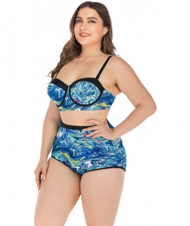 Sets Women Plus Size Swimsuits High Waist Strappy Floral Swimwear Push up Halter Neck Bikini Set mesh Two Piece Tummy Control...