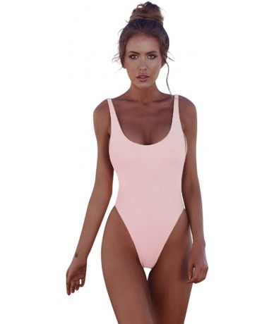 One-Pieces Women Swimsuit Padded Push-up One Piece Swimsuit Swimwear Bikini High Cut Low Back Monokini Bathing Suit - Pink - ...