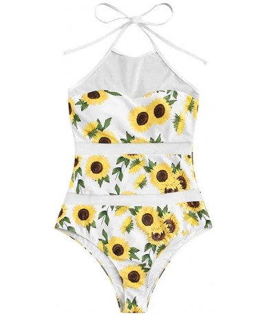 One-Pieces Sunflower Print One Piece Swimsuit for Women 2020 Summer Mesh Beachwear Push-Up Padded Swimwear - Limsea - White -...