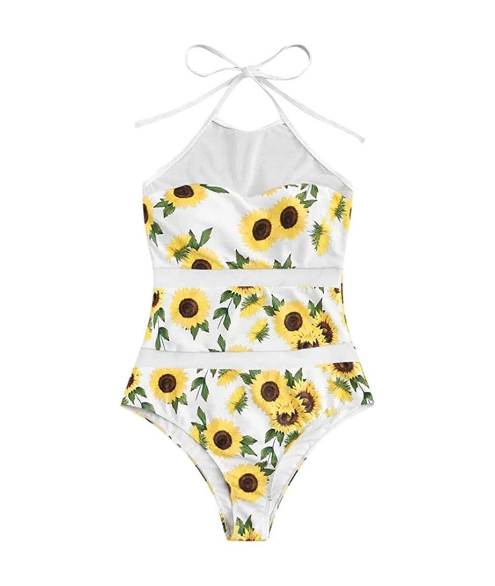 One-Pieces Sunflower Print One Piece Swimsuit for Women 2020 Summer Mesh Beachwear Push-Up Padded Swimwear - Limsea - White -...