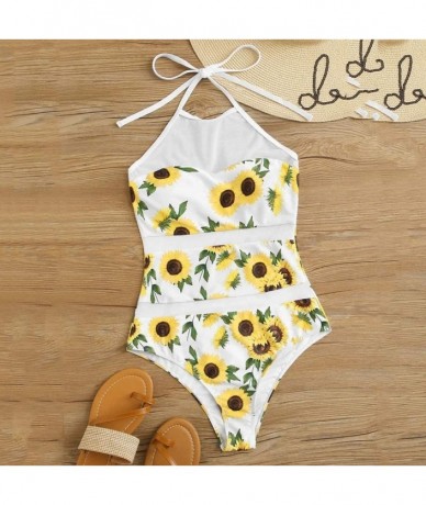 One-Pieces Sunflower Print One Piece Swimsuit for Women 2020 Summer Mesh Beachwear Push-Up Padded Swimwear - Limsea - White -...