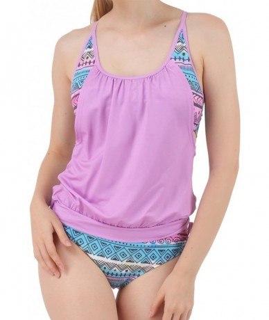 Tankinis Womens Lined Up Tankini Top with Panty Two Pieces Swimsuit Swimwear Set- XS-3XL - Violet Tribal - CF1820R75N7 $57.51