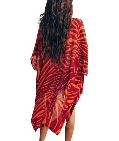 Cover-Ups Women Casual Floral Loose Lightweight Cardigan Open Front Chiffon Kimono Cover Up - Cotton Orange Red - C1193Y360NX...