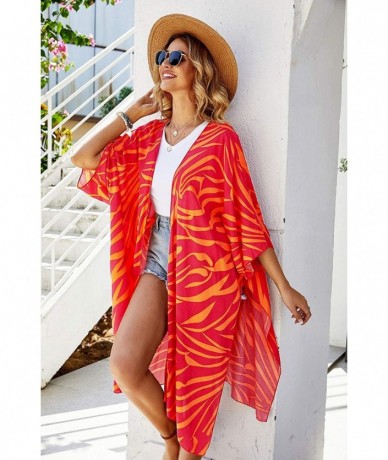 Cover-Ups Women Casual Floral Loose Lightweight Cardigan Open Front Chiffon Kimono Cover Up - Cotton Orange Red - C1193Y360NX...