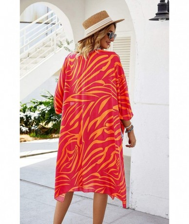 Cover-Ups Women Casual Floral Loose Lightweight Cardigan Open Front Chiffon Kimono Cover Up - Cotton Orange Red - C1193Y360NX...