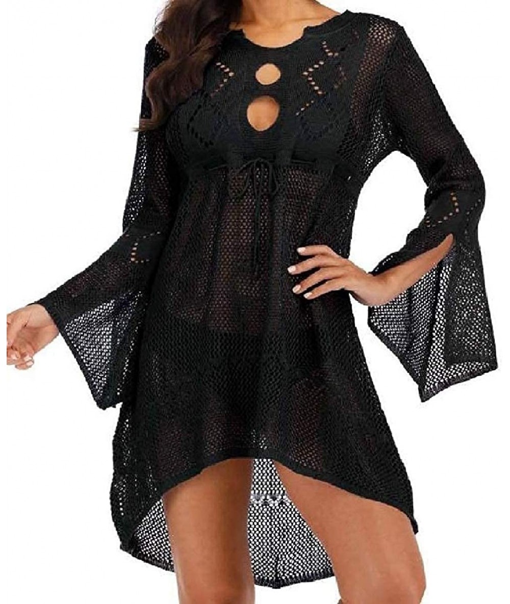 Cover-Ups Women's Beach Knit Up Flared Asymmetrical Sleeve Bikini Cover Hollow - Black - CL19CLYWWE0 $65.27