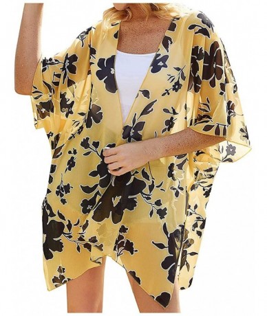 Cover-Ups Chiffon Floral Flowy Kimonos for Women Cardigan Cover Up - Yellow - CI19C6SX387 $21.64