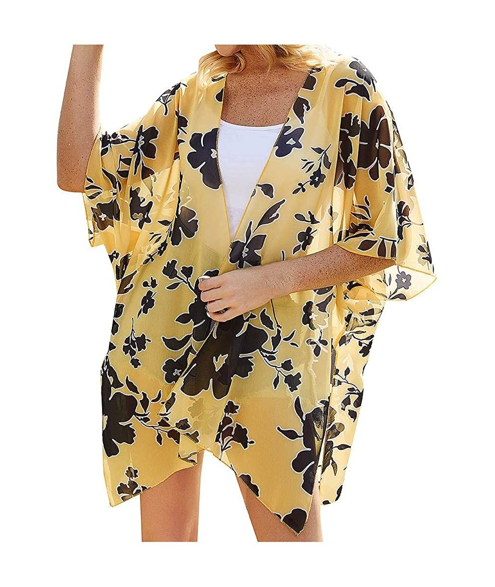 Cover-Ups Chiffon Floral Flowy Kimonos for Women Cardigan Cover Up - Yellow - CI19C6SX387 $21.64