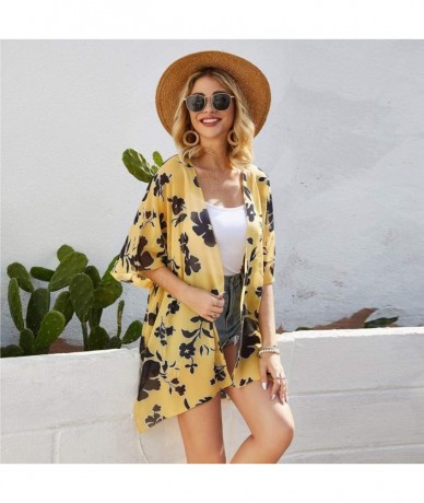 Cover-Ups Chiffon Floral Flowy Kimonos for Women Cardigan Cover Up - Yellow - CI19C6SX387 $21.64