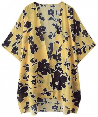 Cover-Ups Chiffon Floral Flowy Kimonos for Women Cardigan Cover Up - Yellow - CI19C6SX387 $21.64