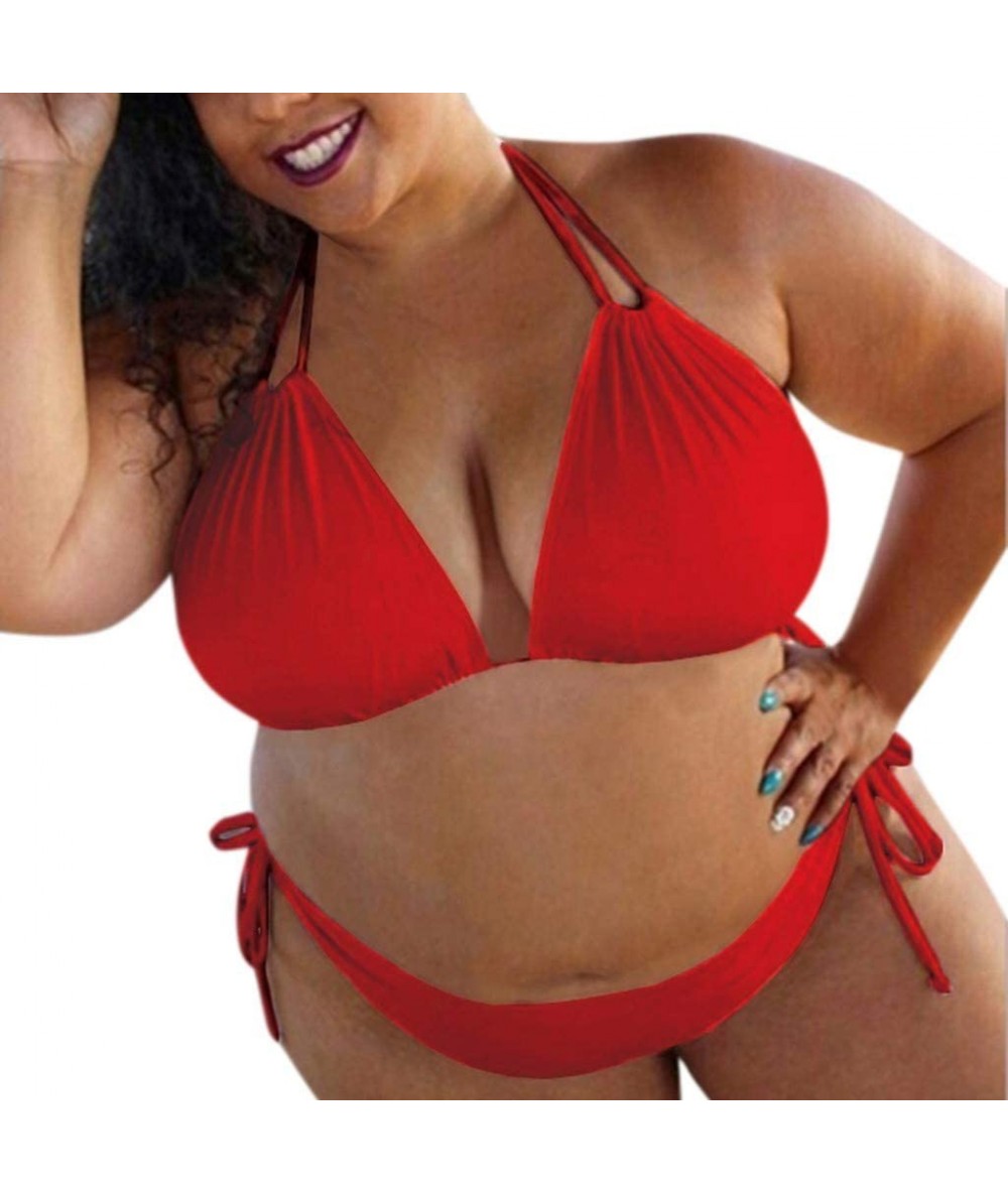 Sets Women Plus Size Swimsuits Bikini Sets Push Up Padded Bra Tie Side Thong Bottom Triangle Bathing Suit Swimsuit Red - C819...