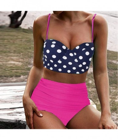 Sets Women High Waisted Bikinis Halter Bandage Swimuit Retro Print Two Piece Bathing Suits Bikini Set - Hot Pink B - CN19585U...