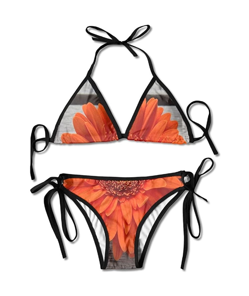 Racing Single Flower Gerbera Bloom Padded Top Bottom Bikini Swiming Suit Two Piece Suits - Black - CT189X25IR3 $44.11