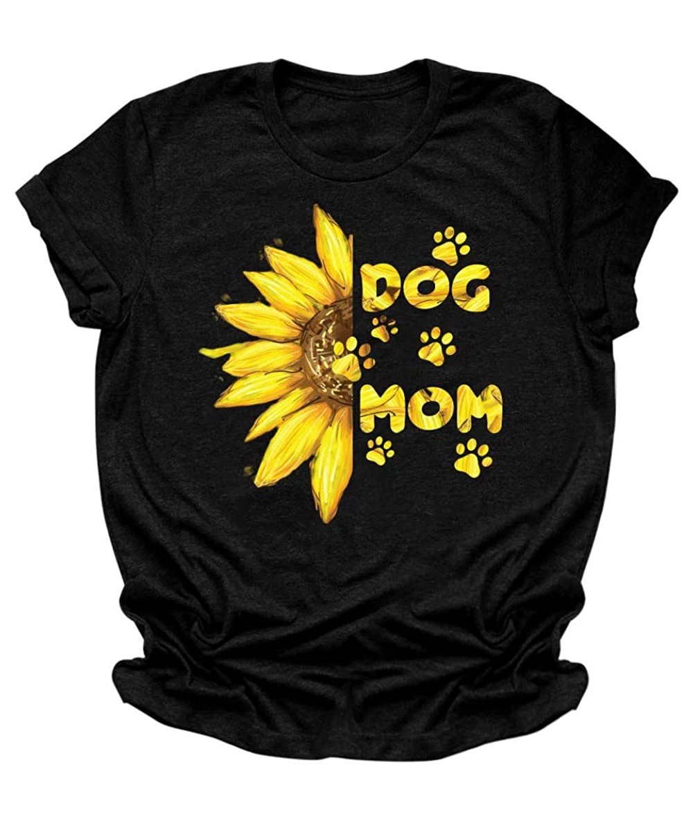 Rash Guards Dog Mom Shirts for Women Funny Dog Paw Graphic Sunflower Print Short Sleeve O Neck Mom Shirt Mother's Day - Black...