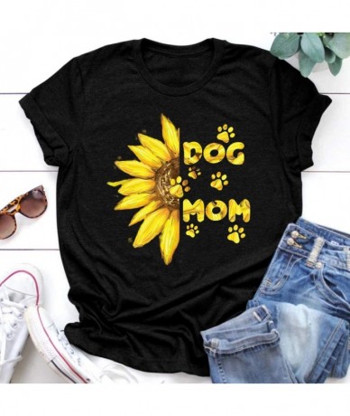 Rash Guards Dog Mom Shirts for Women Funny Dog Paw Graphic Sunflower Print Short Sleeve O Neck Mom Shirt Mother's Day - Black...