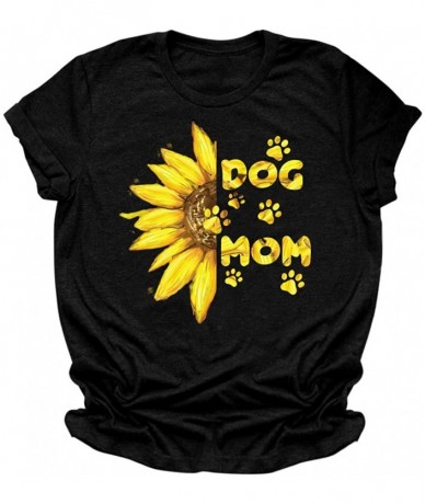 Rash Guards Dog Mom Shirts for Women Funny Dog Paw Graphic Sunflower Print Short Sleeve O Neck Mom Shirt Mother's Day - Black...