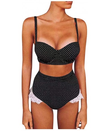 Sets Women Two Pieces Swimsuit Vintage Polka Dot Push up Bra Hight Waist Bottom Bikini Set Swimwear Bathing Suit Black - CN19...