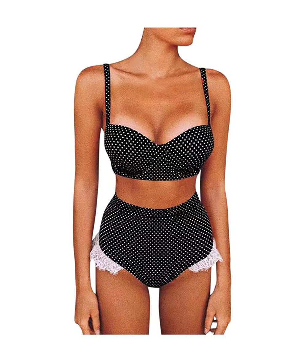 Sets Women Two Pieces Swimsuit Vintage Polka Dot Push up Bra Hight Waist Bottom Bikini Set Swimwear Bathing Suit Black - CN19...