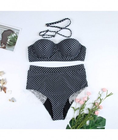 Sets Women Two Pieces Swimsuit Vintage Polka Dot Push up Bra Hight Waist Bottom Bikini Set Swimwear Bathing Suit Black - CN19...