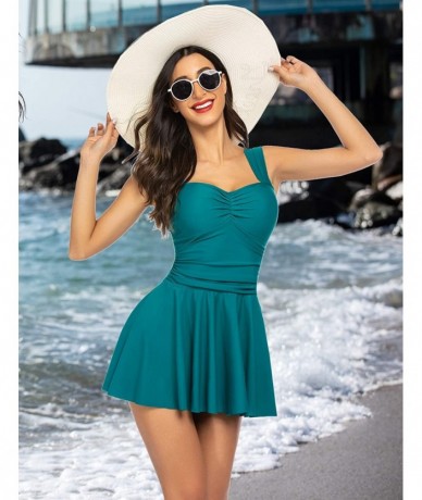 One-Pieces Swimdress for Women Ruched Swimsuit Tummy Control Swimwear Skirted Bathing Suit - Dark Green - C41940C8C8G $42.56