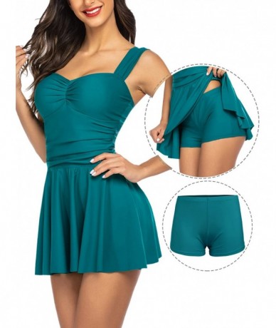 One-Pieces Swimdress for Women Ruched Swimsuit Tummy Control Swimwear Skirted Bathing Suit - Dark Green - C41940C8C8G $42.56