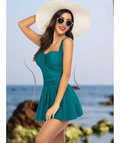 One-Pieces Swimdress for Women Ruched Swimsuit Tummy Control Swimwear Skirted Bathing Suit - Dark Green - C41940C8C8G $42.56