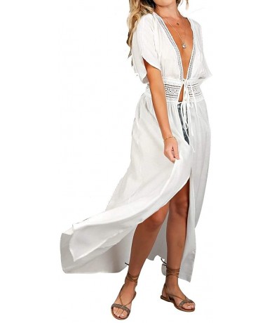 Cover-Ups Womens Swimsuit Cover Ups Long Lace Kimono Robe Sheer Lingerie Dress Maxi Beach Dress - B White - C519CXAR37S $43.56