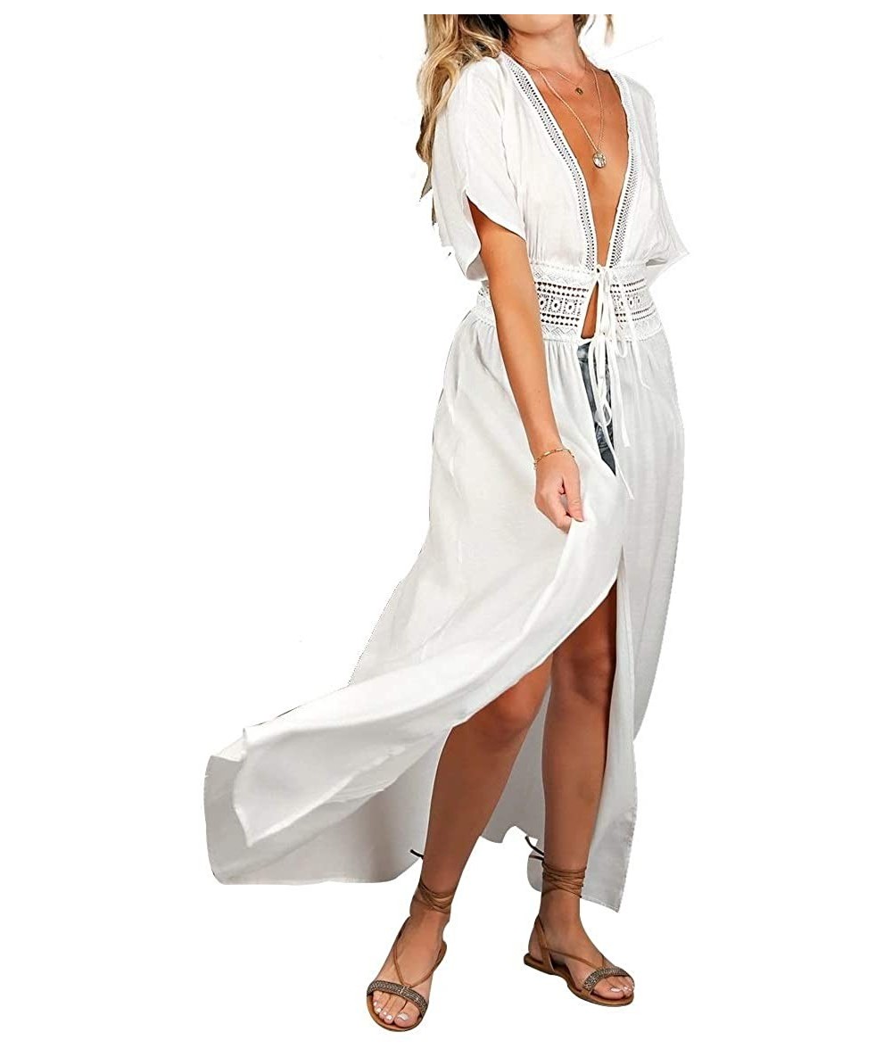 Cover-Ups Womens Swimsuit Cover Ups Long Lace Kimono Robe Sheer Lingerie Dress Maxi Beach Dress - B White - C519CXAR37S $43.56