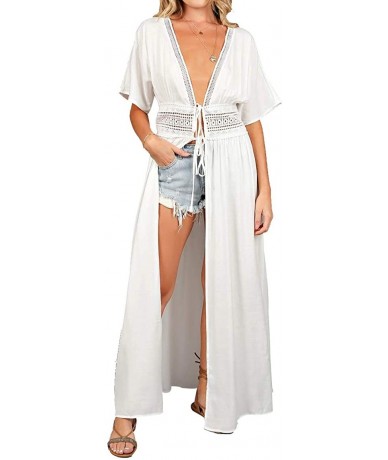 Cover-Ups Womens Swimsuit Cover Ups Long Lace Kimono Robe Sheer Lingerie Dress Maxi Beach Dress - B White - C519CXAR37S $43.56